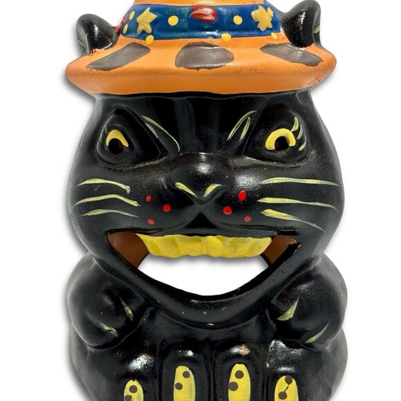 Vintage Ceramic Witches Black Cat Tea Light Holder Statue. RARE Halloween Decor. - Picture 2 of 8